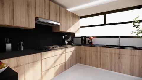 Render: esquina en L con gabinetes de madera y ventanal